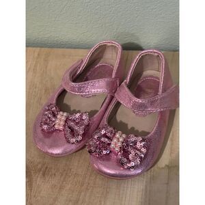 Pink Metallic  Flats with Sequin Bow Pearl Detail Baby  Girls  Shoes